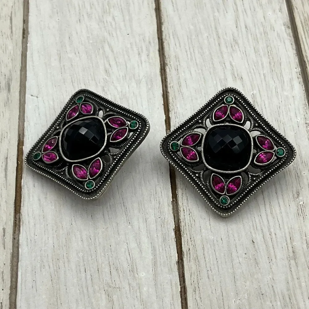 Clip On EARRINGS Pink Black Green Rhinestone Silver Tone 1.5